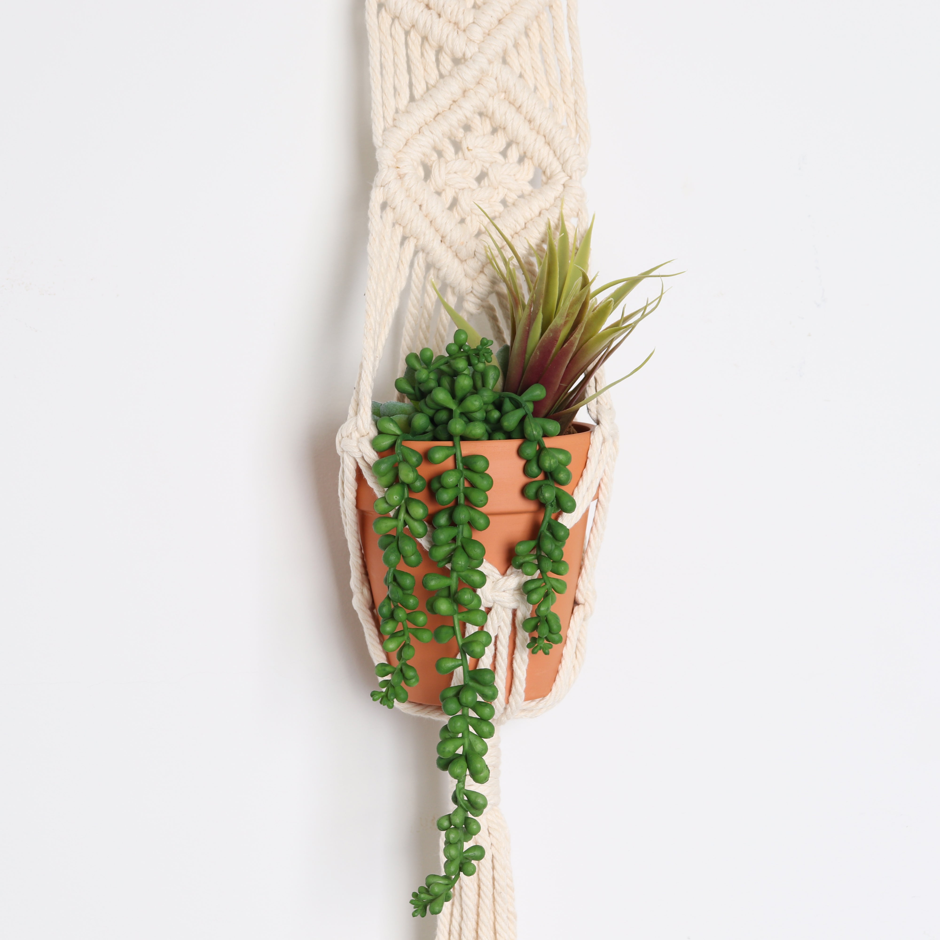 macrame wall hanging with plant holder Bornbridge Macrame Artificial Succulents in Macrame Hanging Planter (2 pack)