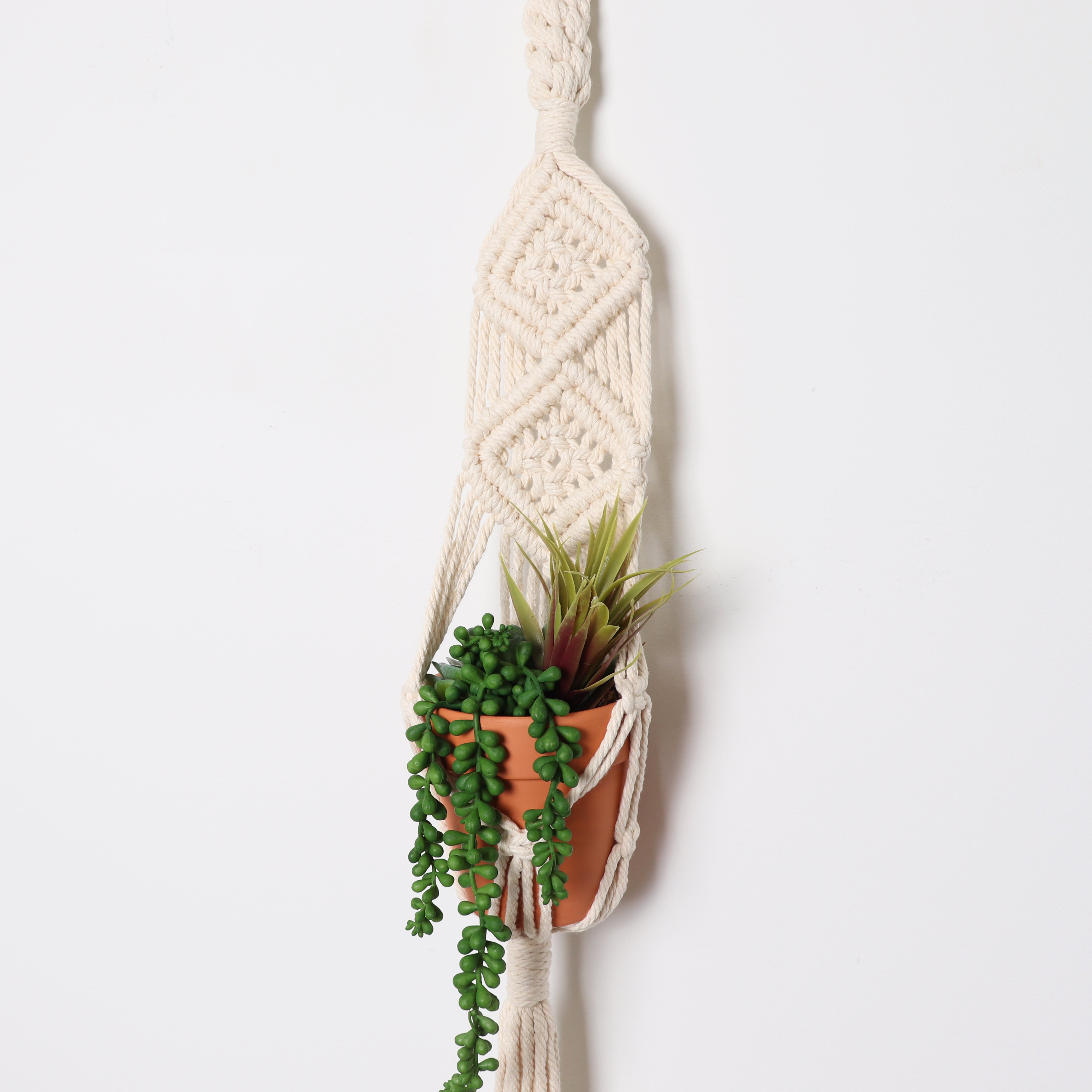 boho plant hanger Bornbridge Macrame Artificial Succulents in Macrame Hanging Planter (2 pack)