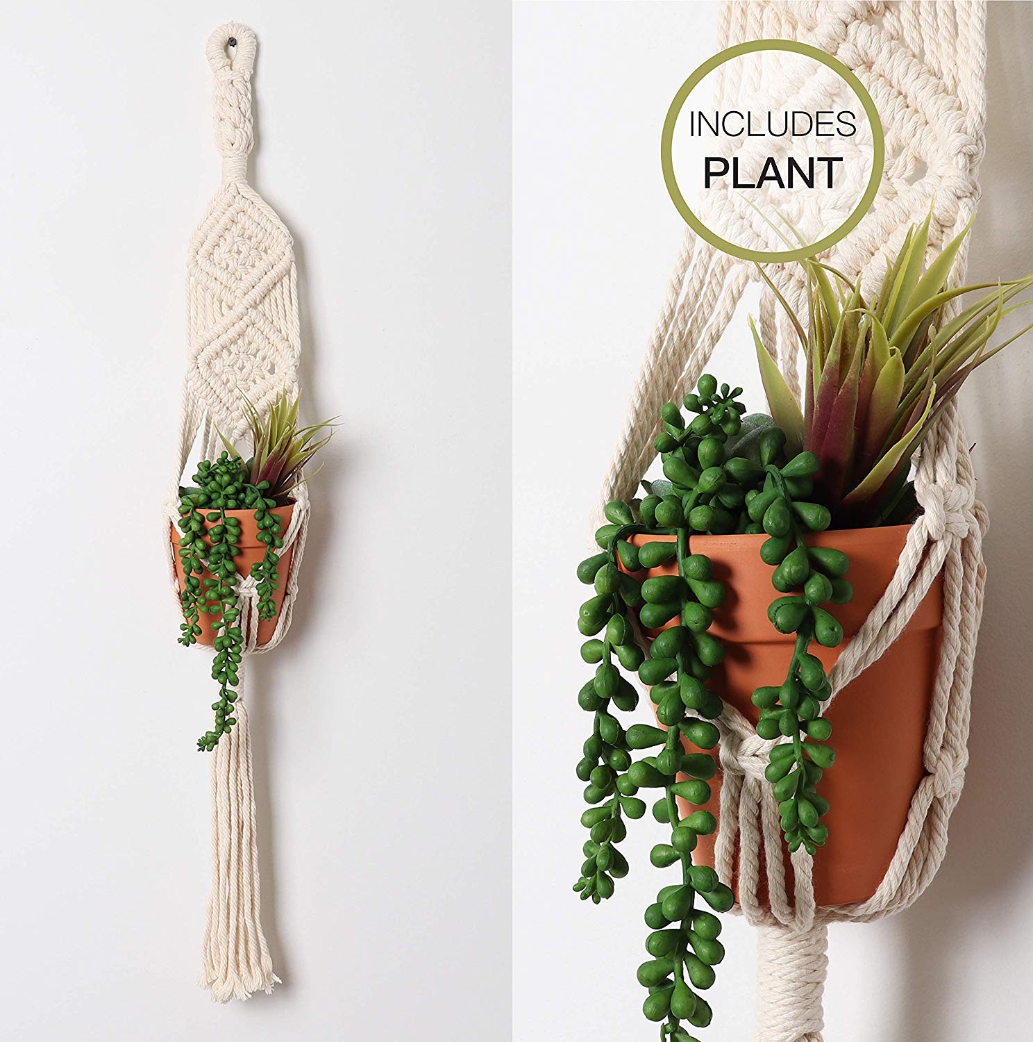 wall macrame plant hanger Bornbridge Macrame Artificial Succulents in Macrame Hanging Planter (2 pack)