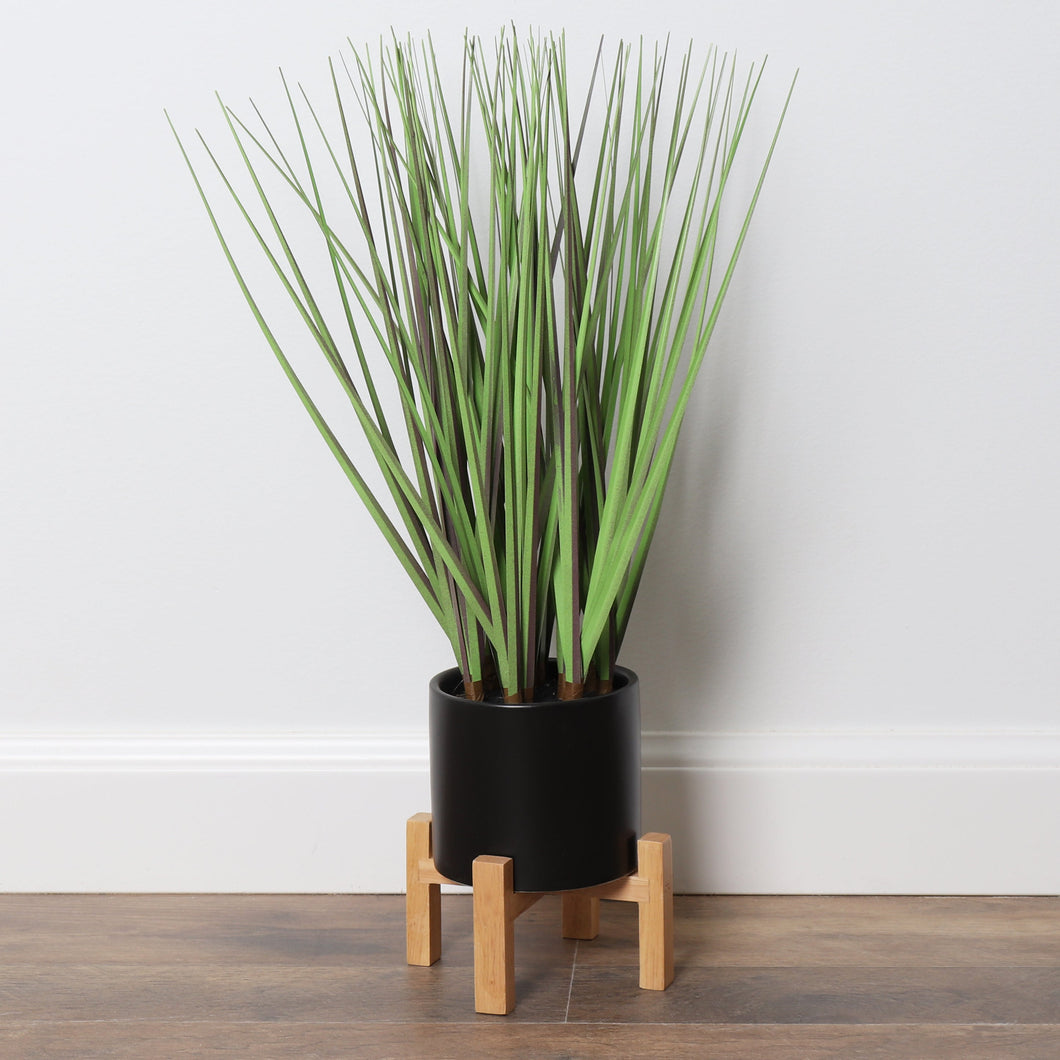 Small Artificial Grass Plant with Mid Century Plant Stand