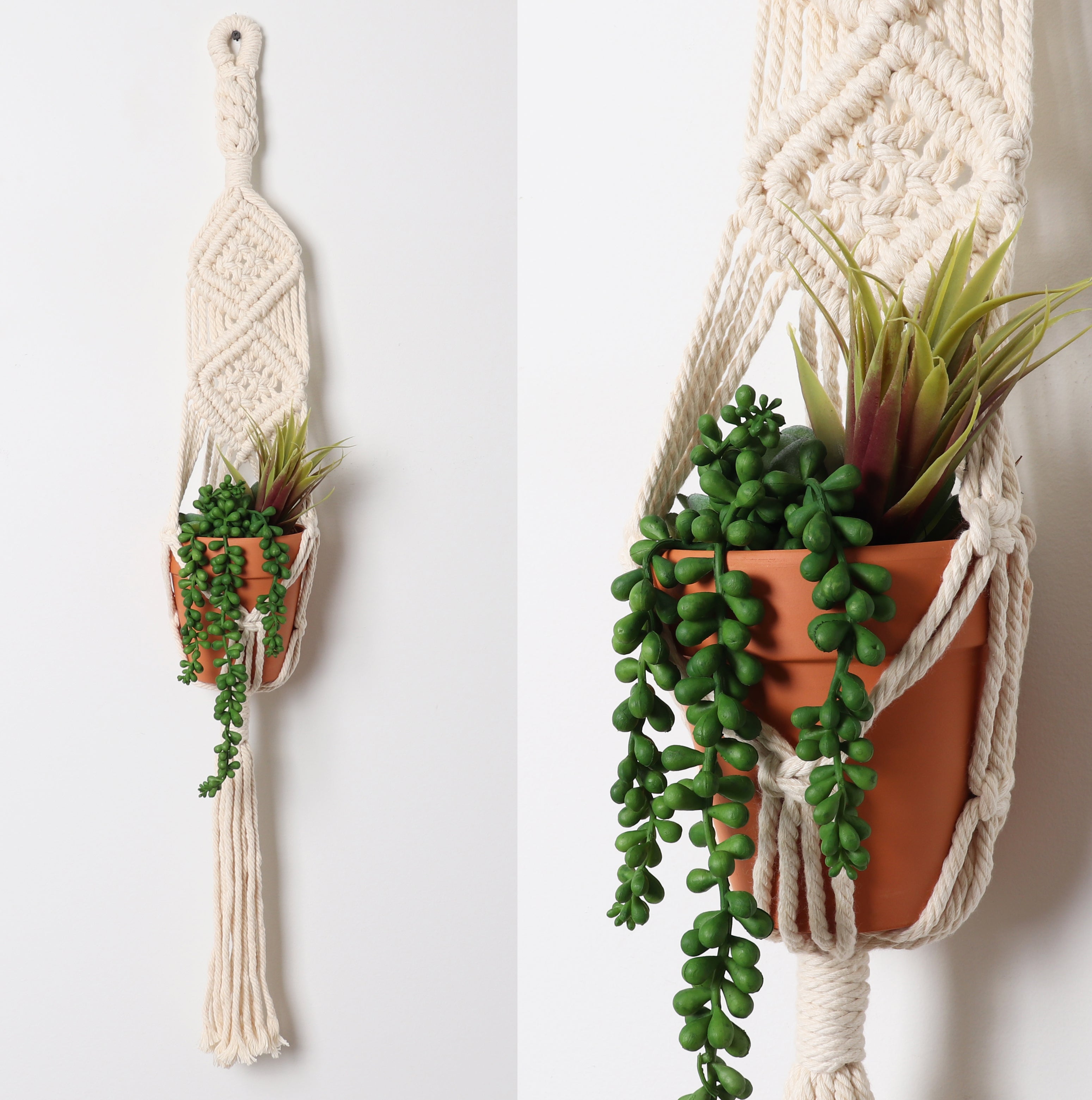 macrame hanging pot plant holder Bornbridge Macrame Artificial Succulents in Macrame Hanging Planter (2 pack)